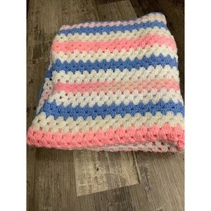 Baby Blanket Afghan Throw Crochet Knit Pink Blue White 58”x34"  Nursery Handmade